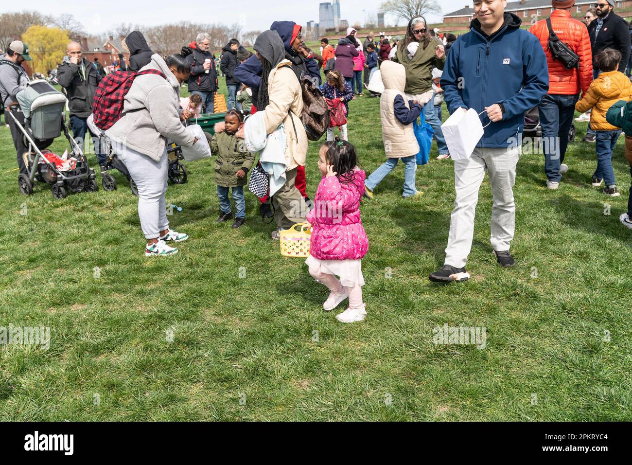 New York, USA. 08th Apr, 2023. Kids and their parents and grandparents participate for Egg Hunt