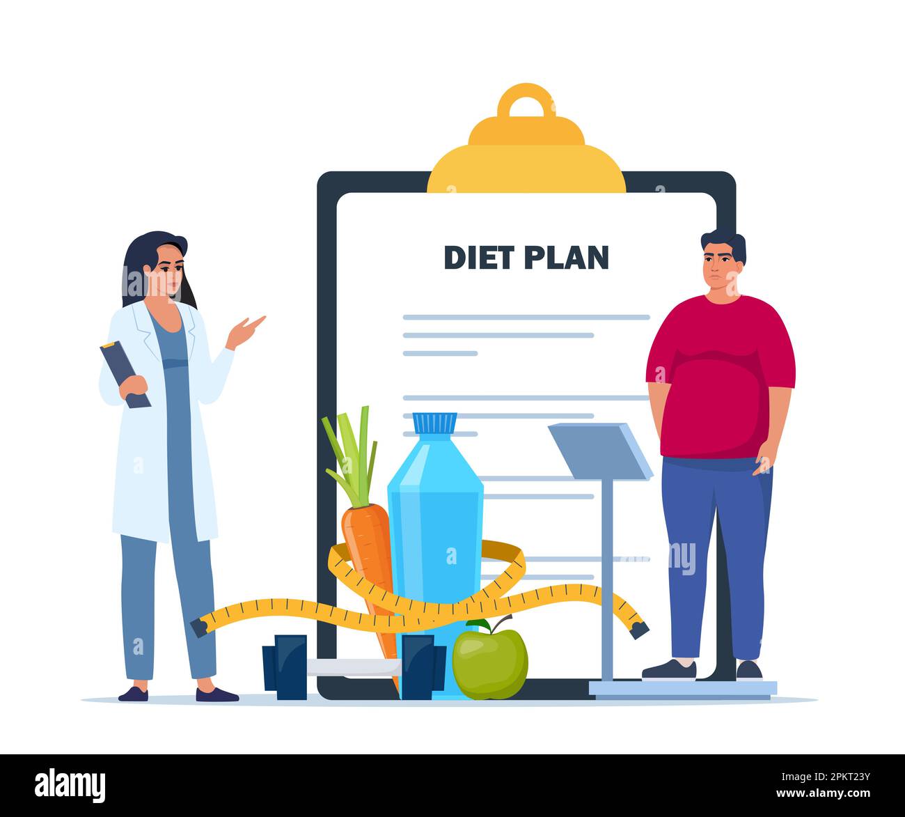 Fat man standing on weigh scales. Doctor explain about health and how