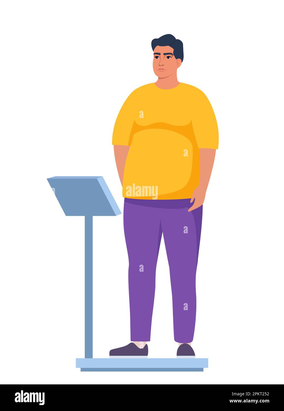 Fat obese man standing on weigh scales. Oversize fatty boy. Obesity weight control concept. Overweight male cartoon character full length. Vector illu Stock Vector