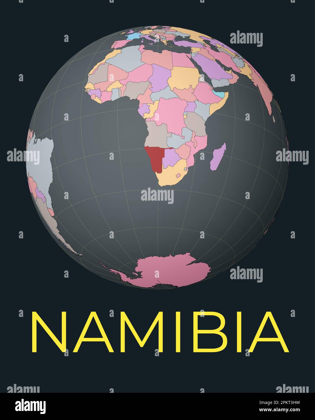 World Map Centered To Namibia Red Country Highlighted Satellite World World Map Centered To Namibia Red Country Highlighted Satellite World View Centered To Country With Name Vector Illustration 2PKT3HW