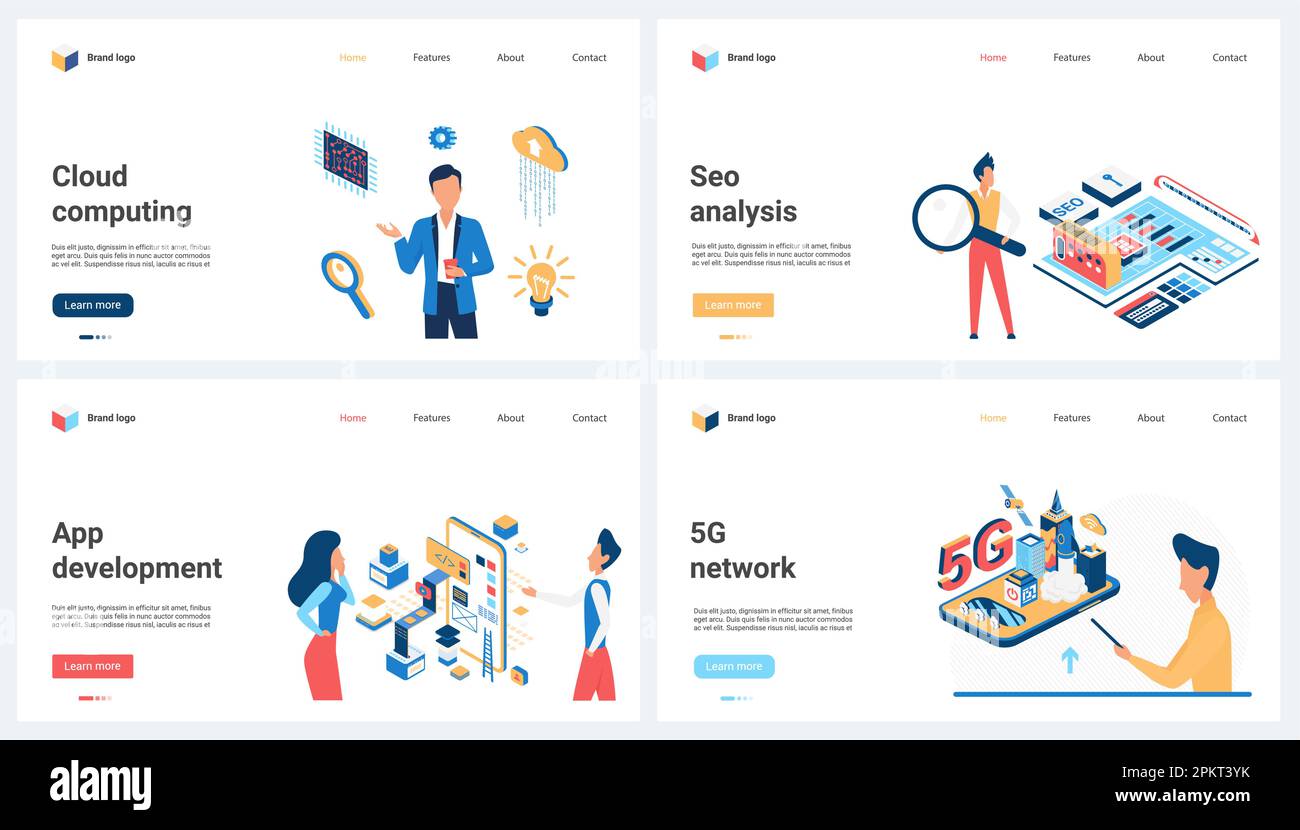 Cloud computing and data analysis, 5G network set vector illustration. Cartoon tiny people work with big analytic platform and database, develop mobile app online, download files from server Stock Vector