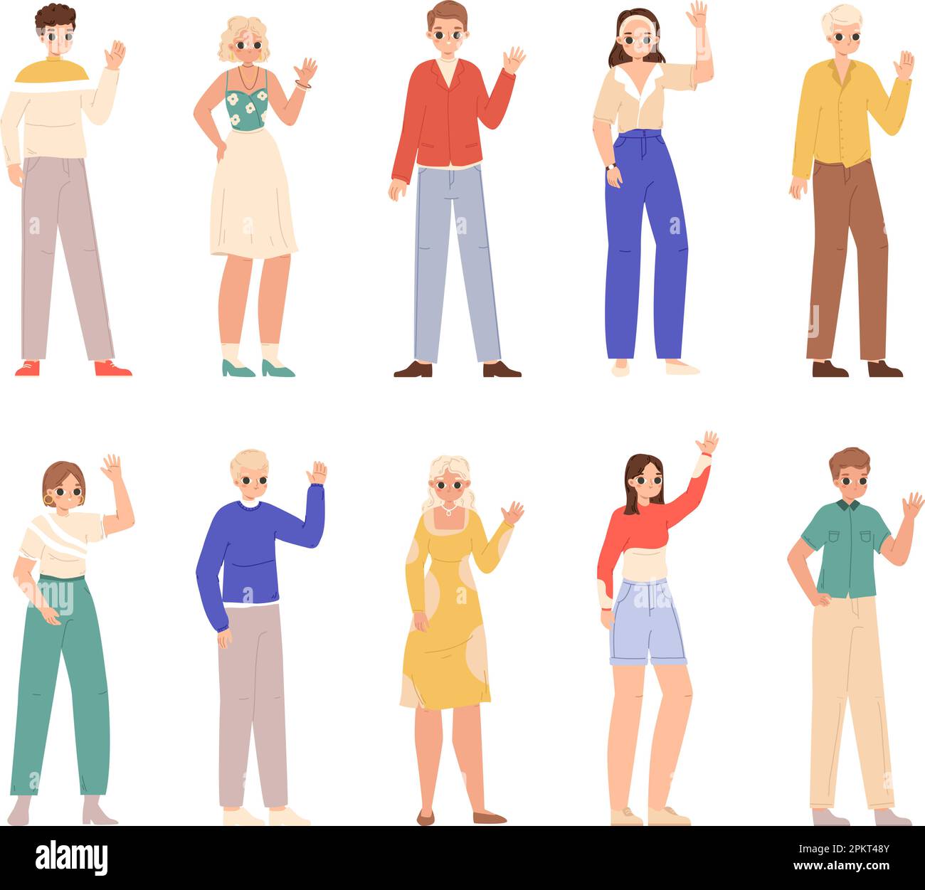 People say hello, young ethnic man woman waving. Welcoming characters, diverse adults and teens. Casual style students snugly vector community Stock Vector