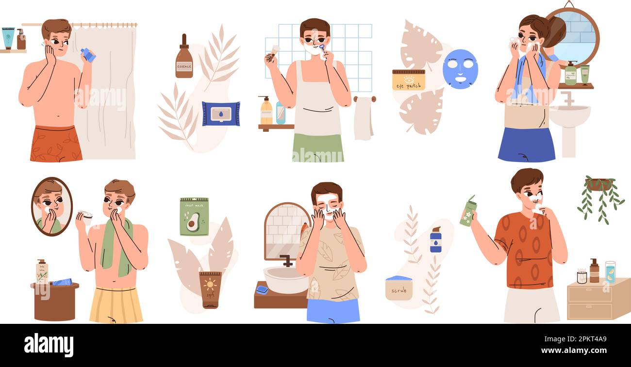 Male facial care, morning daily routine. Men shaving, clean face in