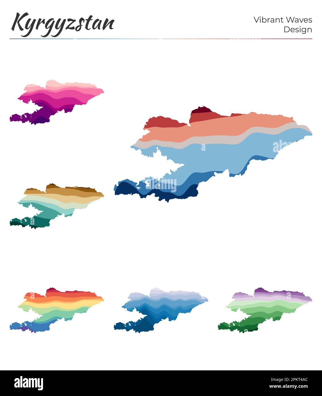Set of vector maps of Kyrgyzstan. Vibrant waves design. Bright map of country in geometric smooth curves style. Stock Vector