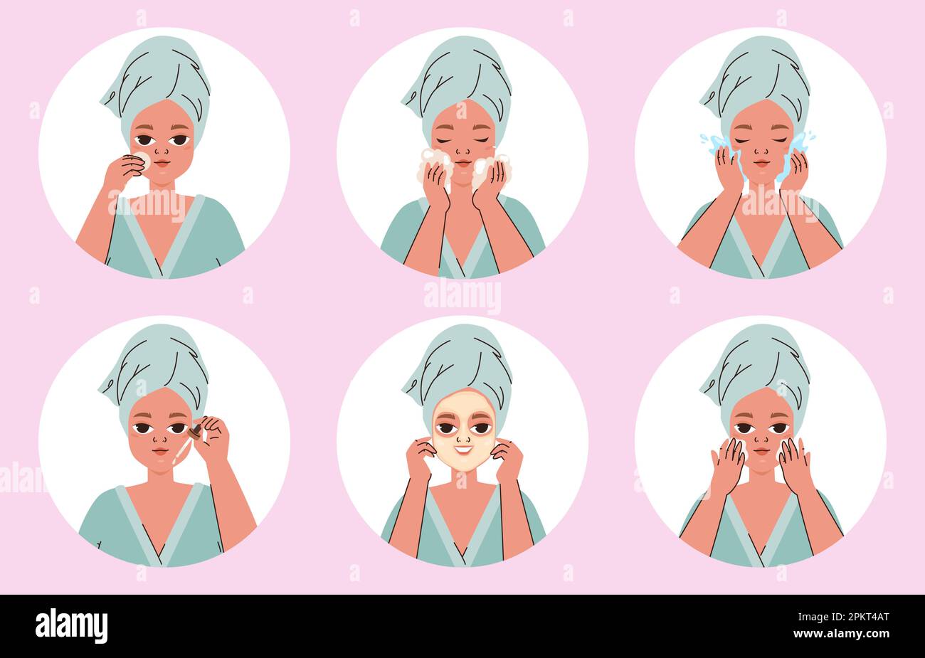 Face clean routine, beauty morning evening procedures with cosmetics