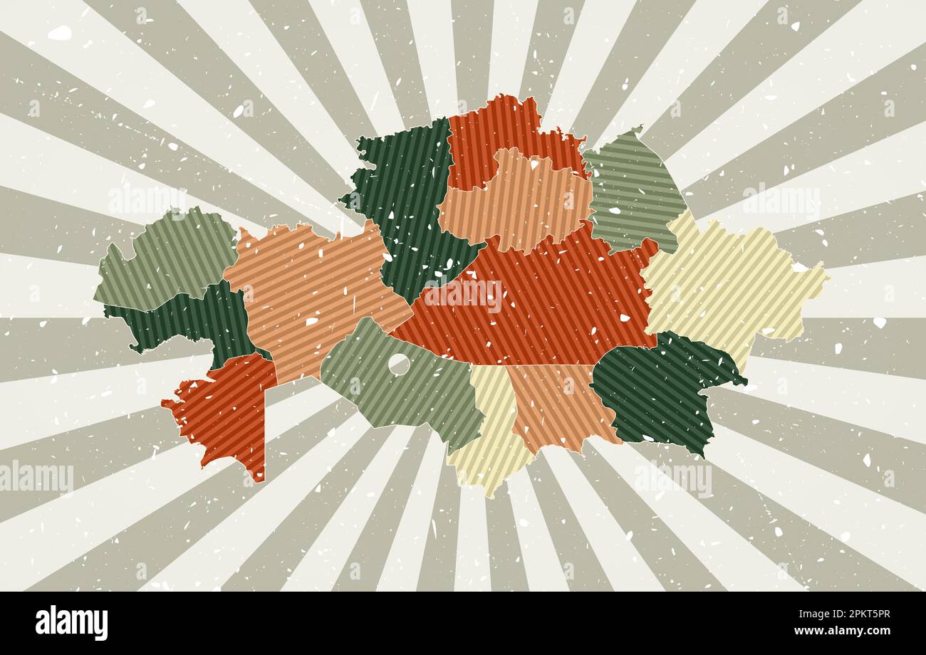 Kazakhstan vintage map. Grunge poster with map of the country in retro ...