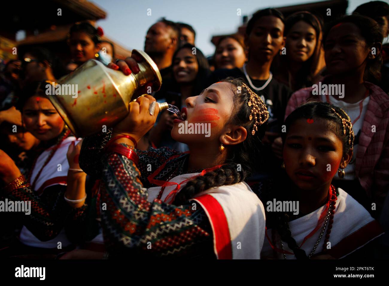 Bhaktapur, Nepal. 9th Apr, 2023. A Nepalese woman dressed in cultural