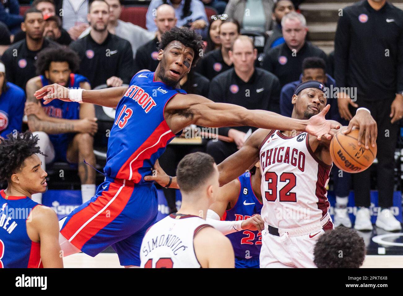 Chicago, USA. 09th Apr, 2023. Chicago, USA, April 9, 2023: James Wiseman (13 Detroit Pistons) reaches for the rebound during the game between the Chicago Bulls and Detroit Pistons on Sunday April 9, 2023 at the United Center, Chicago, USA. (NO COMMERCIAL USAGE) (Shaina Benhiyoun/SPP) Credit: SPP Sport Press Photo. /Alamy Live News Stock Photo