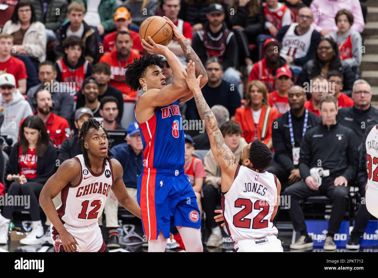 Chicago, USA. 09th Apr, 2023. Chicago, USA, April 9, 2023: Jared Rhoden (8 Detroit Pistons) shoots the ball during the game between the Chicago Bulls and Detroit Pistons on Sunday April 9, 2023 at the United Center, Chicago, USA. (NO COMMERCIAL USAGE) (Shaina Benhiyoun/SPP) Credit: SPP Sport Press Photo. /Alamy Live News Stock Photo