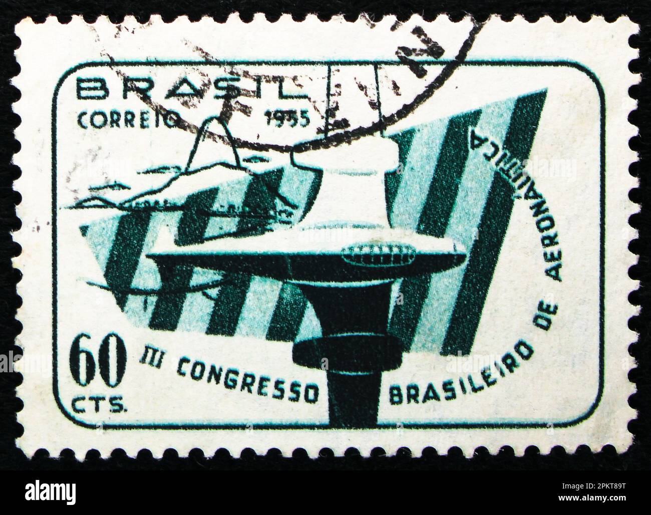 MOSCOW, RUSSIA - MARCH 26, 2023: Postage stamp printed in Brazil shows III Brazilian Congress of Aeronautics Plane. Filigree 'Q.', Aviation Symbol ser Stock Photo