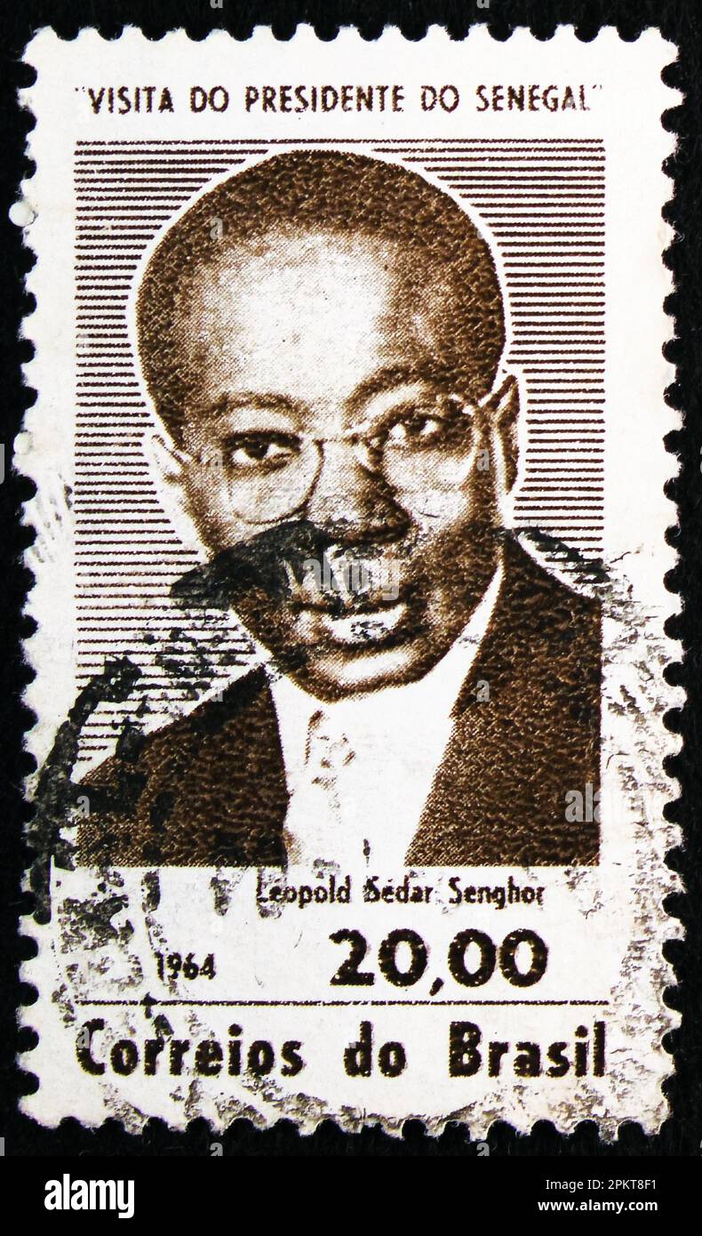MOSCOW, RUSSIA - MARCH 26, 2023: Postage stamp printed in Brazil shows President Leopold Sedar Senghor (Senegal) Visits Brazil, circa 1964 Stock Photo