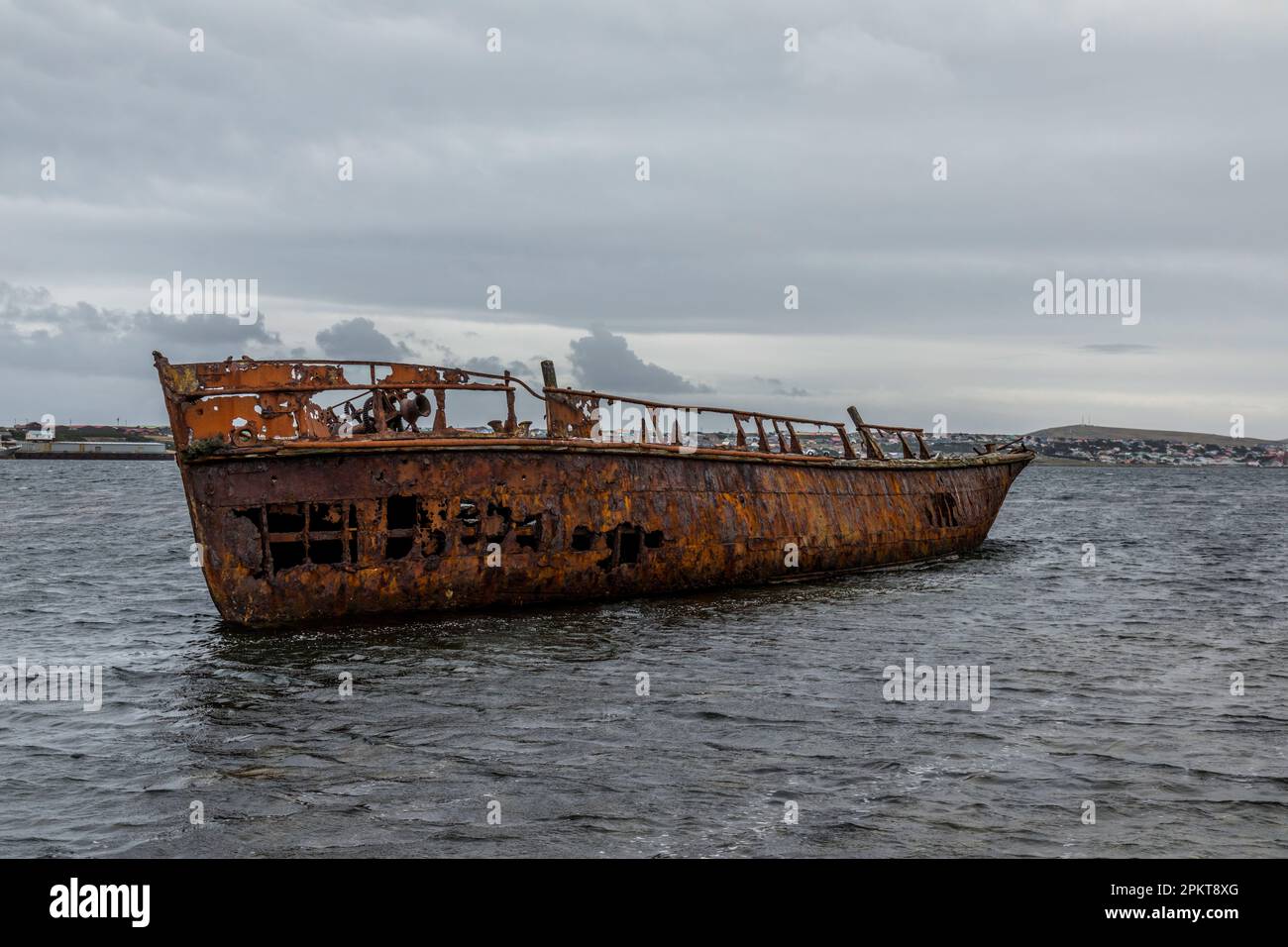 The wreck on Samson, a 96ton Steam Tug built in 1888. Lying opposite Stanley Harbour in The Falkland Islands. Stock Photo