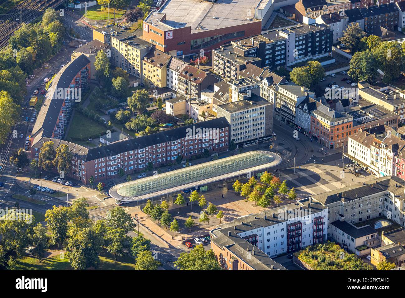 Aerial view, streetcar stop Am Buschmannshof with futuristic roof construction in Wanne district in Herne, Ruhr area, North Rhine-Westphalia, Germany, Stock Photo