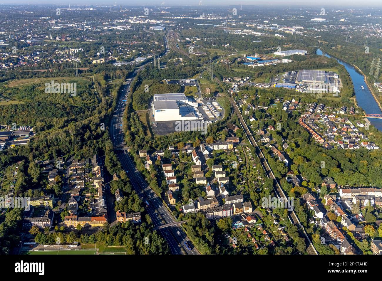 Aerial view, Nordfrost logistics center in the district Unser Fritz in Herne, noise problems of the residents, Ruhr area, North Rhine-Westphalia, Germ Stock Photo