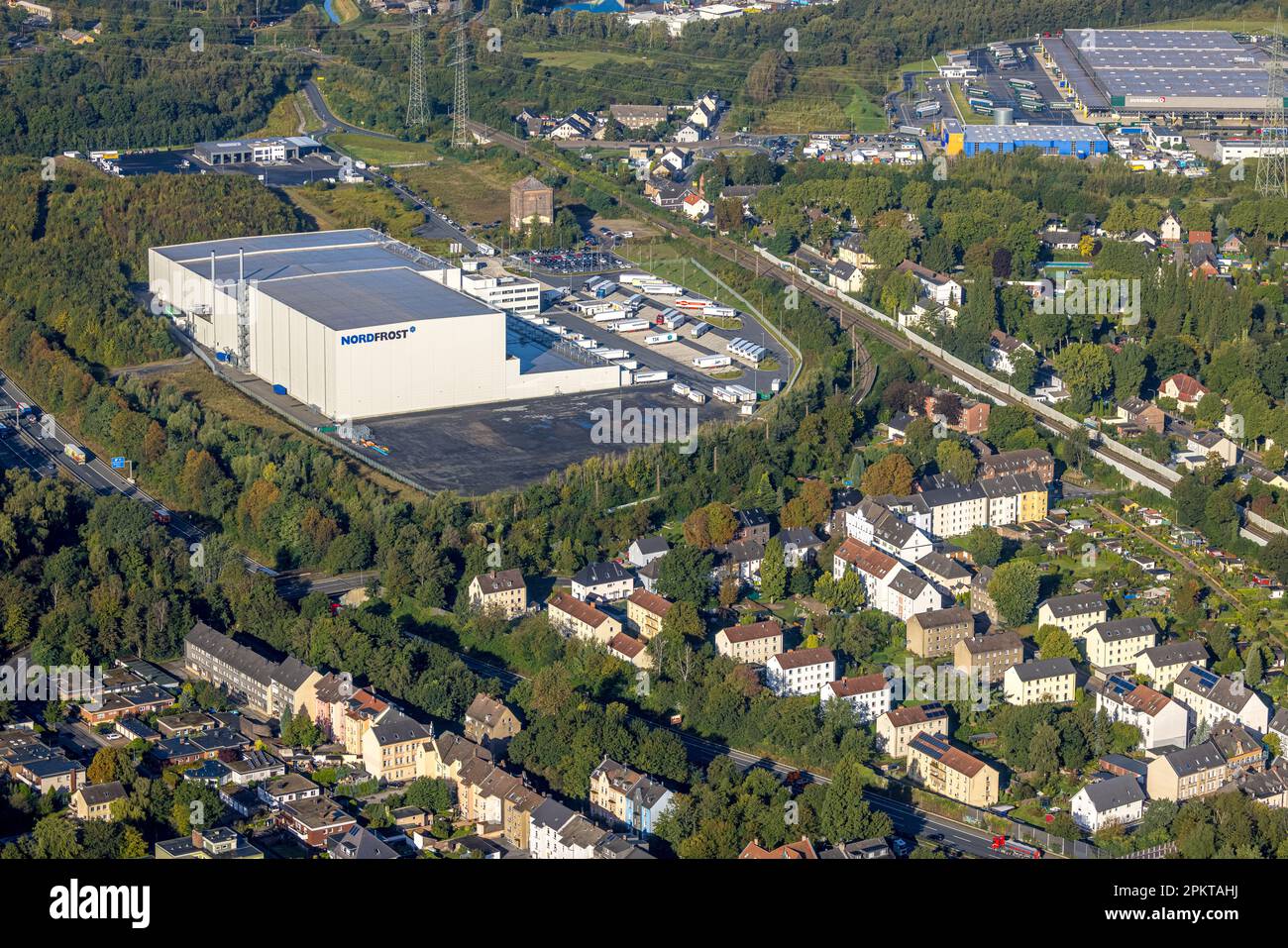 Aerial view, Nordfrost logistics center in the district Unser Fritz in Herne, noise problems of the residents, Ruhr area, North Rhine-Westphalia, Germ Stock Photo