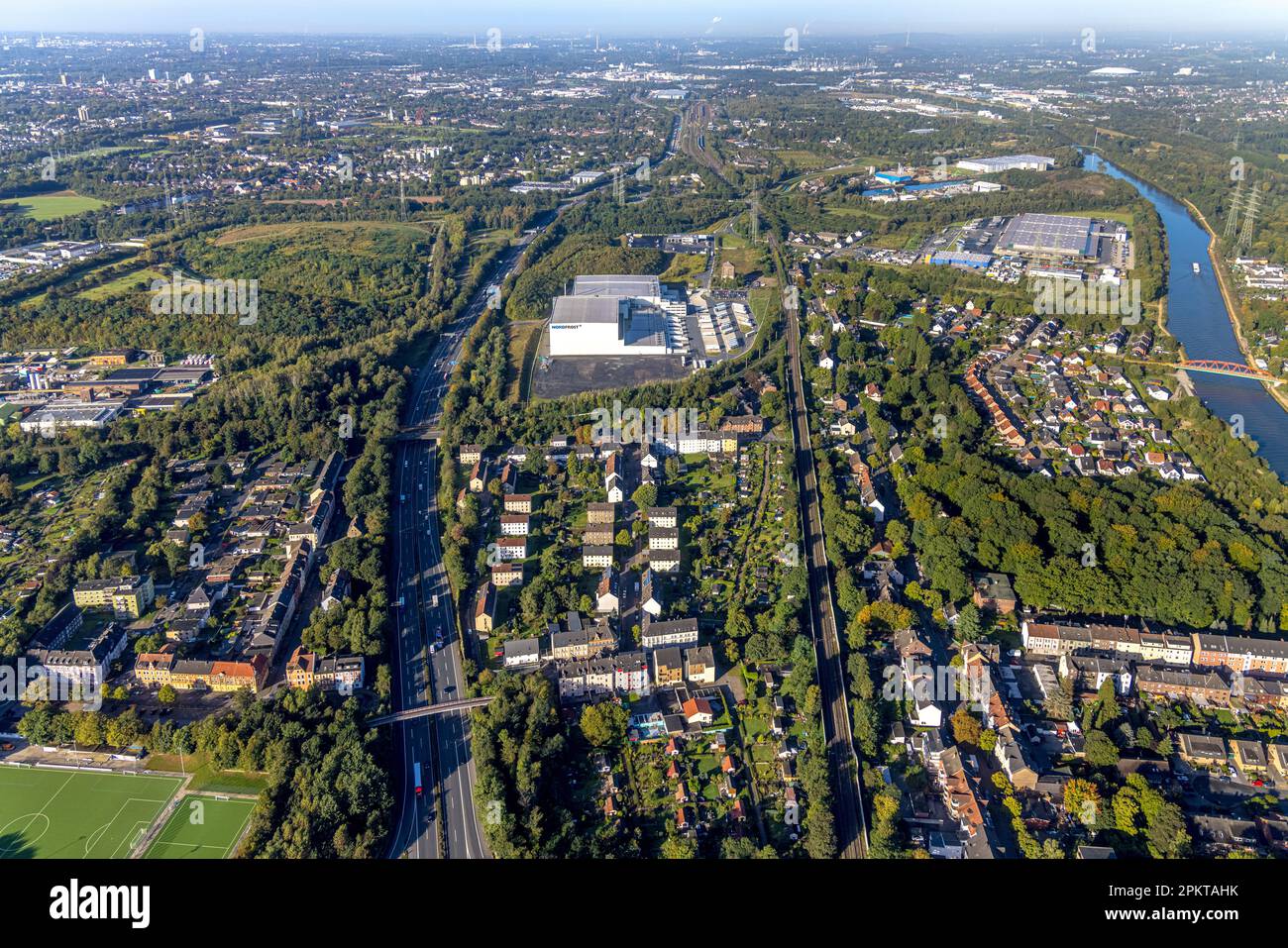 Aerial view, Nordfrost logistics center in the district Unser Fritz in Herne, noise problems of the residents, Ruhr area, North Rhine-Westphalia, Germ Stock Photo