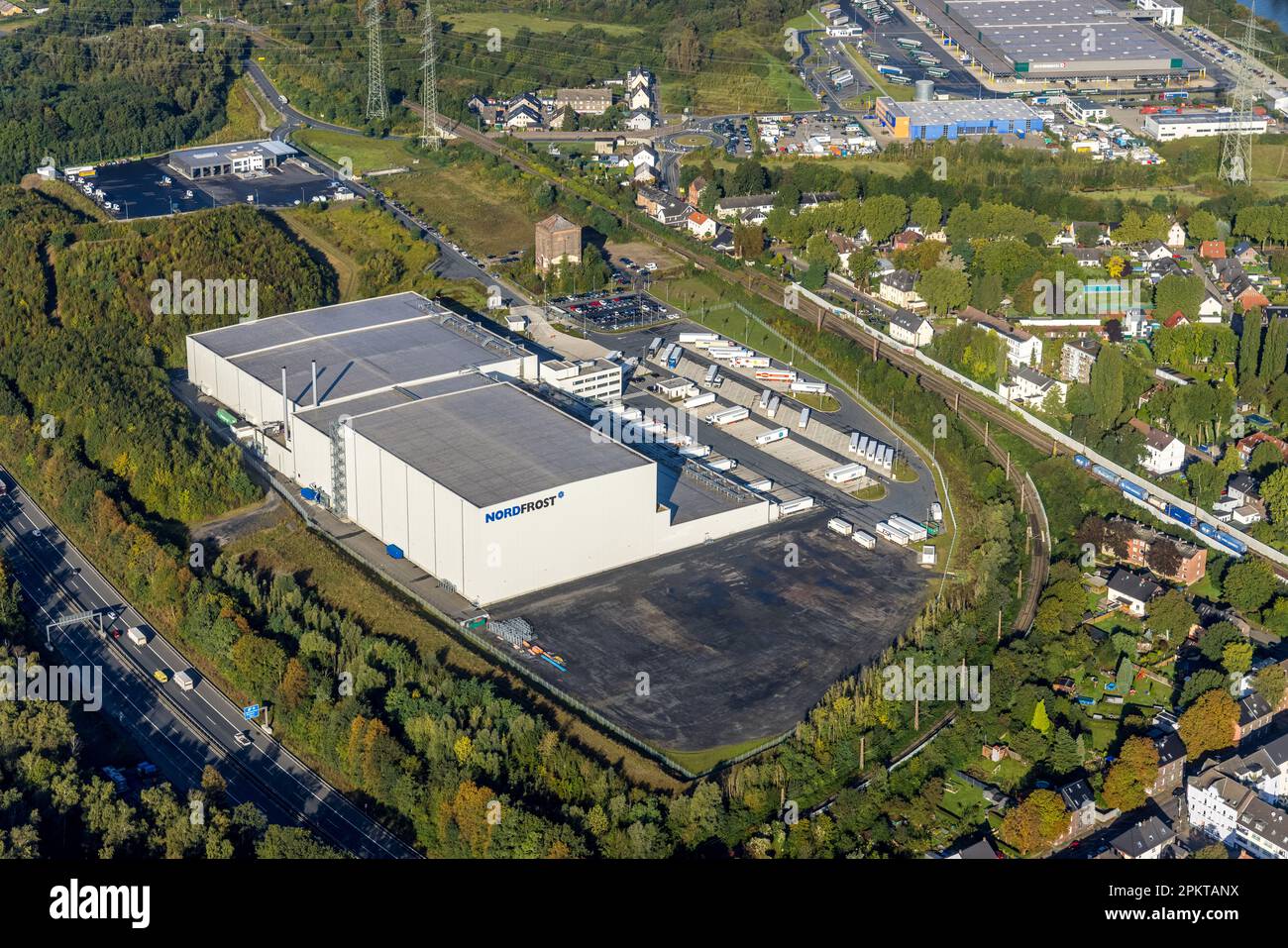 Aerial view, Nordfrost logistics center in the district Unser Fritz in Herne, Ruhr area, North Rhine-Westphalia, Germany, DE, Europe, Commercial enter Stock Photo