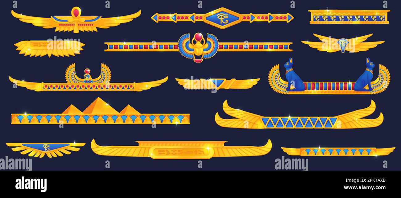 Egyptian game borders. Egypt gui dividers, ancient filigree divider with  gold wings or metal decoration ui elements for pharaoh treasure games menu,  vector illustration of game ornament mythology Stock Vector Image &