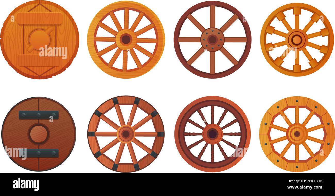 Wooden wheels. Cartoon wood wheel of ancient wagons or rustic wheelbarrows, vintage cartwheel with hub farm cart van vintage carriage isolated ingenious vector illustration of ancient old wheels Stock Vector