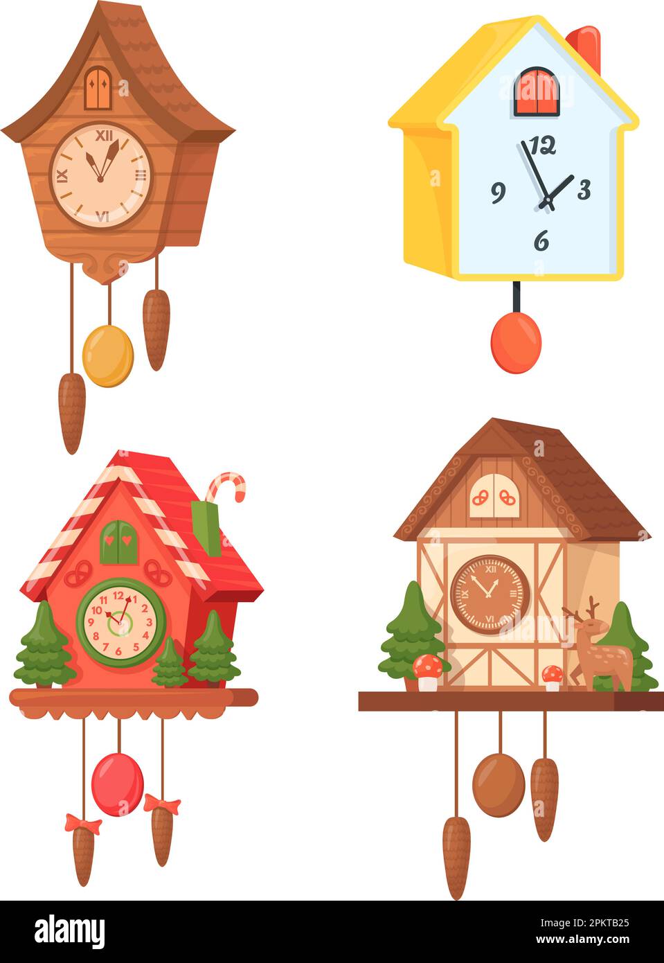 Cartoon cuckoo clocks. Antique german wall watches, vintage christmas