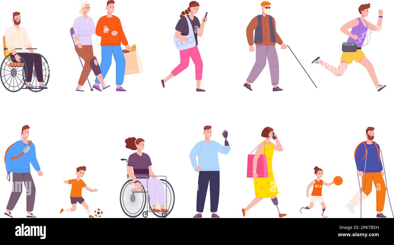 Disabled people characters. Person with diverse disabilities or special