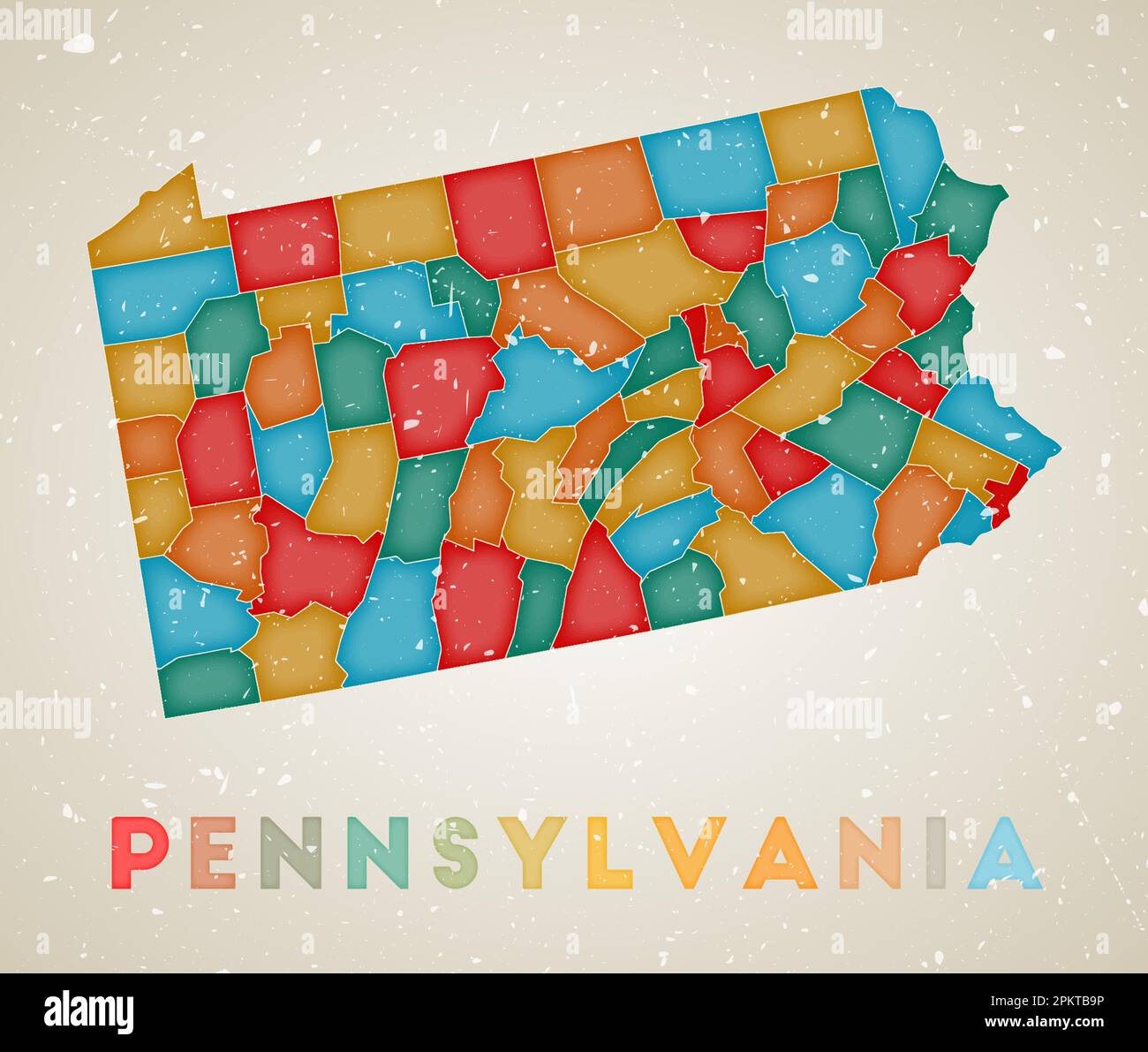 Pennsylvania map. Us state poster with colored regions. Old grunge
