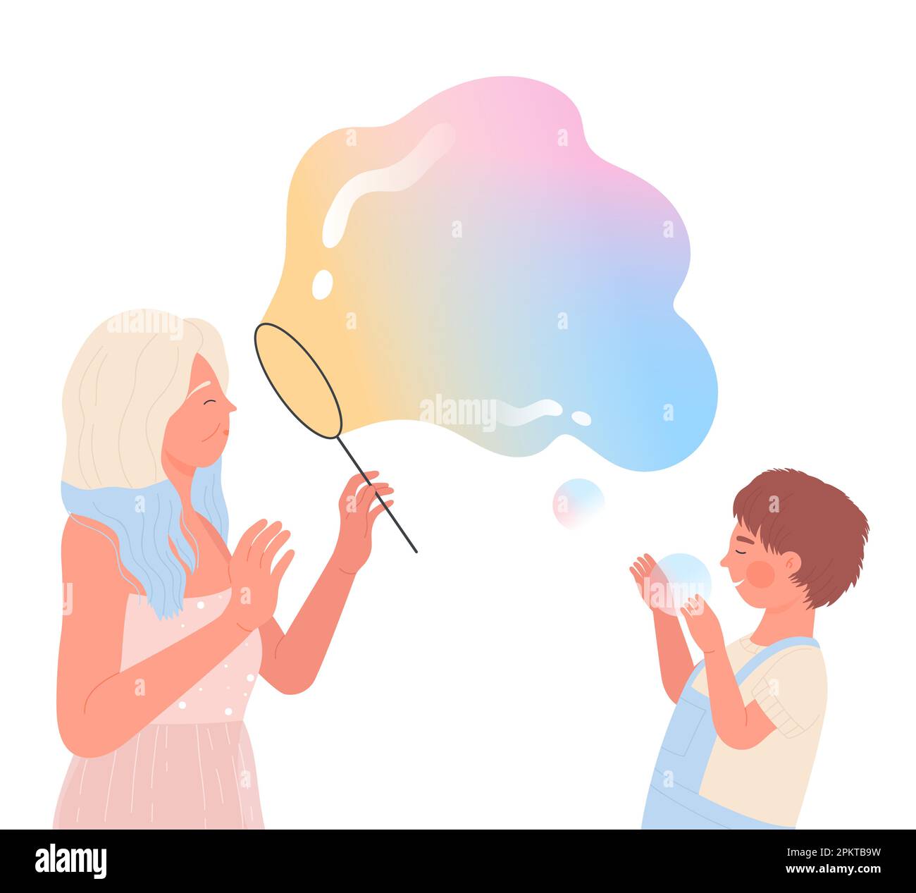 Mother and son boy play and blow soap bubble giant balloons on foam party isolated cartoon flat