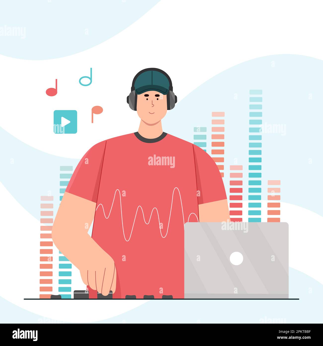 Music production in studio vector illustration. Cartoon professional sound engineer character in headphones working with laptop at desk and equipment with equalizer to create digital audio content Stock Vector