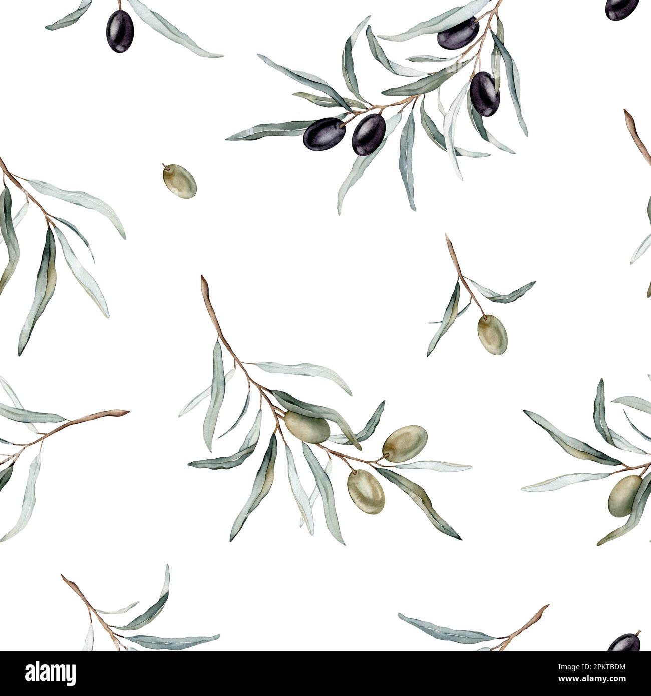 Watercolor seamless pattern with black and green olives and branch ...