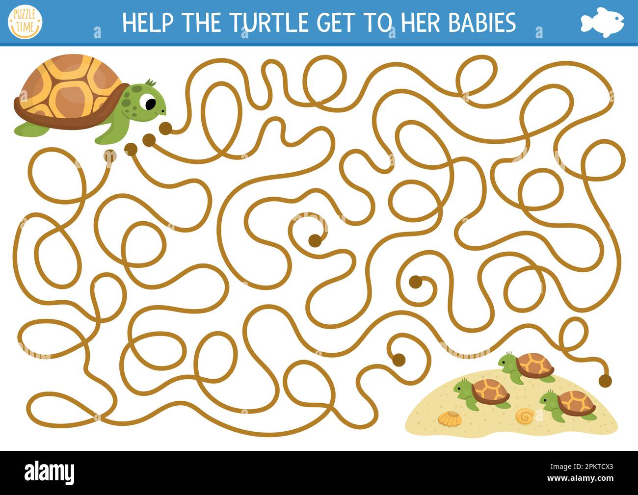 Under the sea maze for kids with tortoise, seashells, sand. Ocean or
