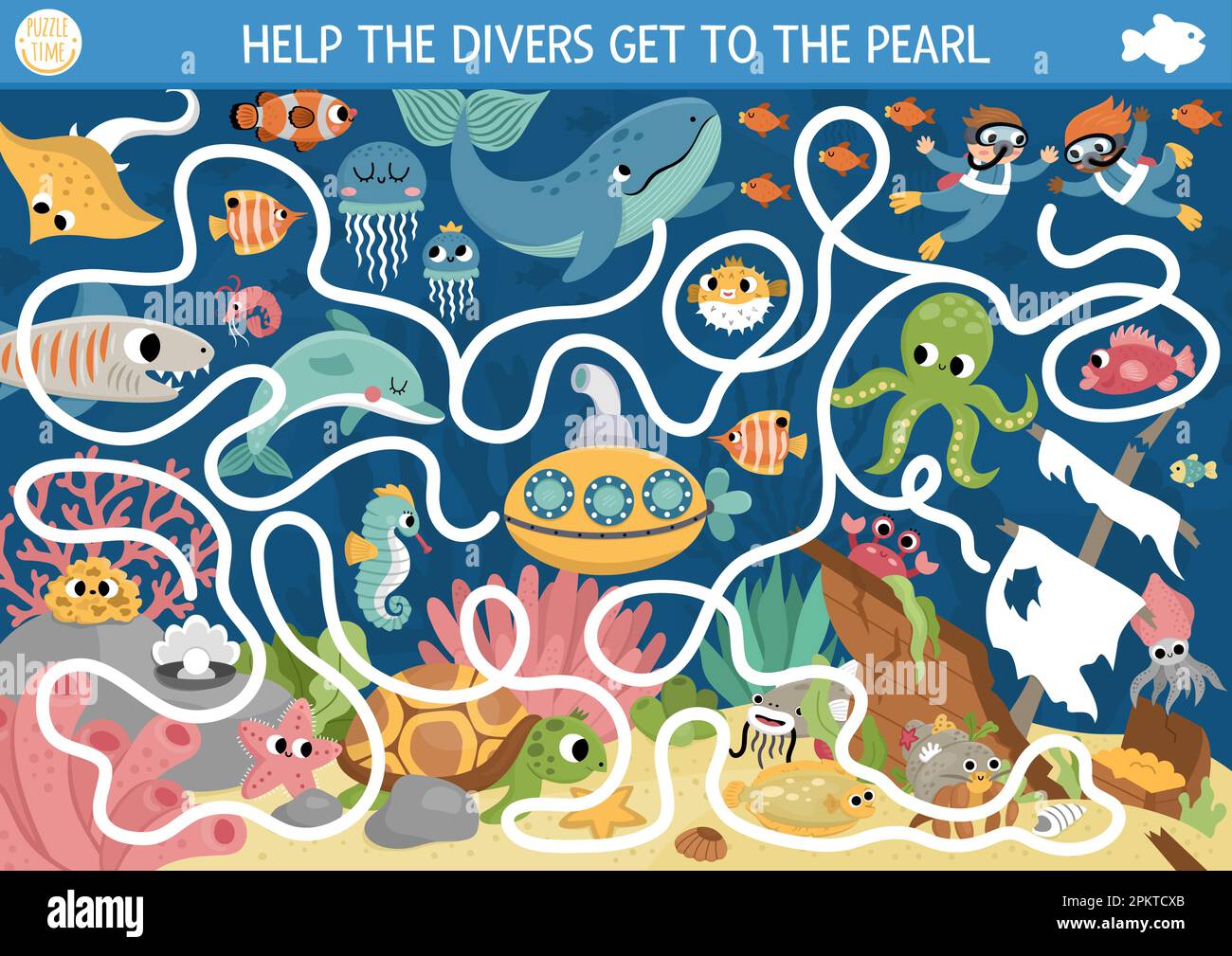 Under the sea maze for kids with marine landscape, wrecked ship, fish