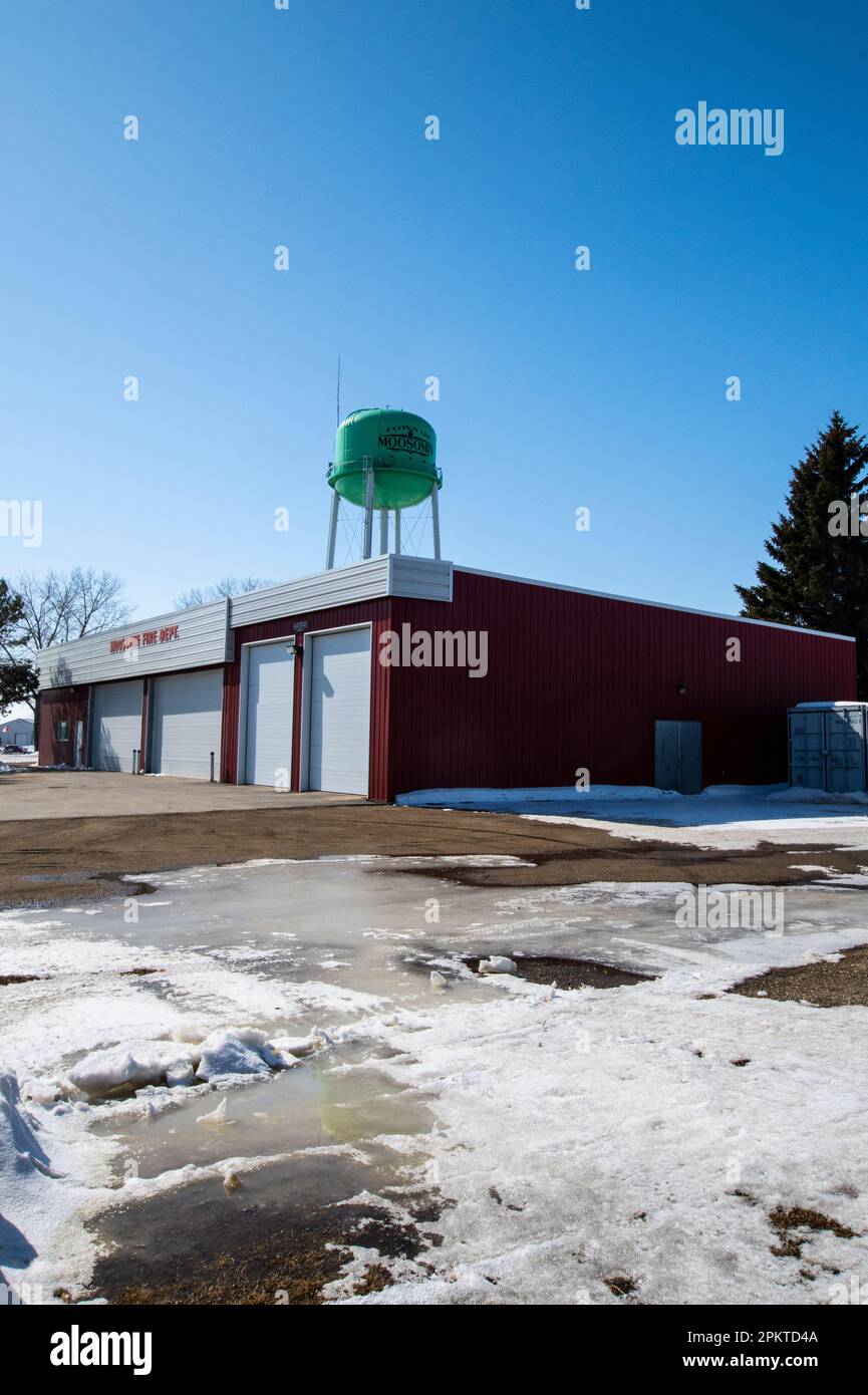 Green water tower and fire hall in Moosomin, Saskatchewan, Canada Stock