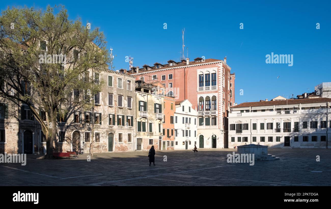 View of Campo San Polo, the largest campo (square) in Venice, Italy and the second largest Venetian public square after the Piazza San Marco. Stock Photo