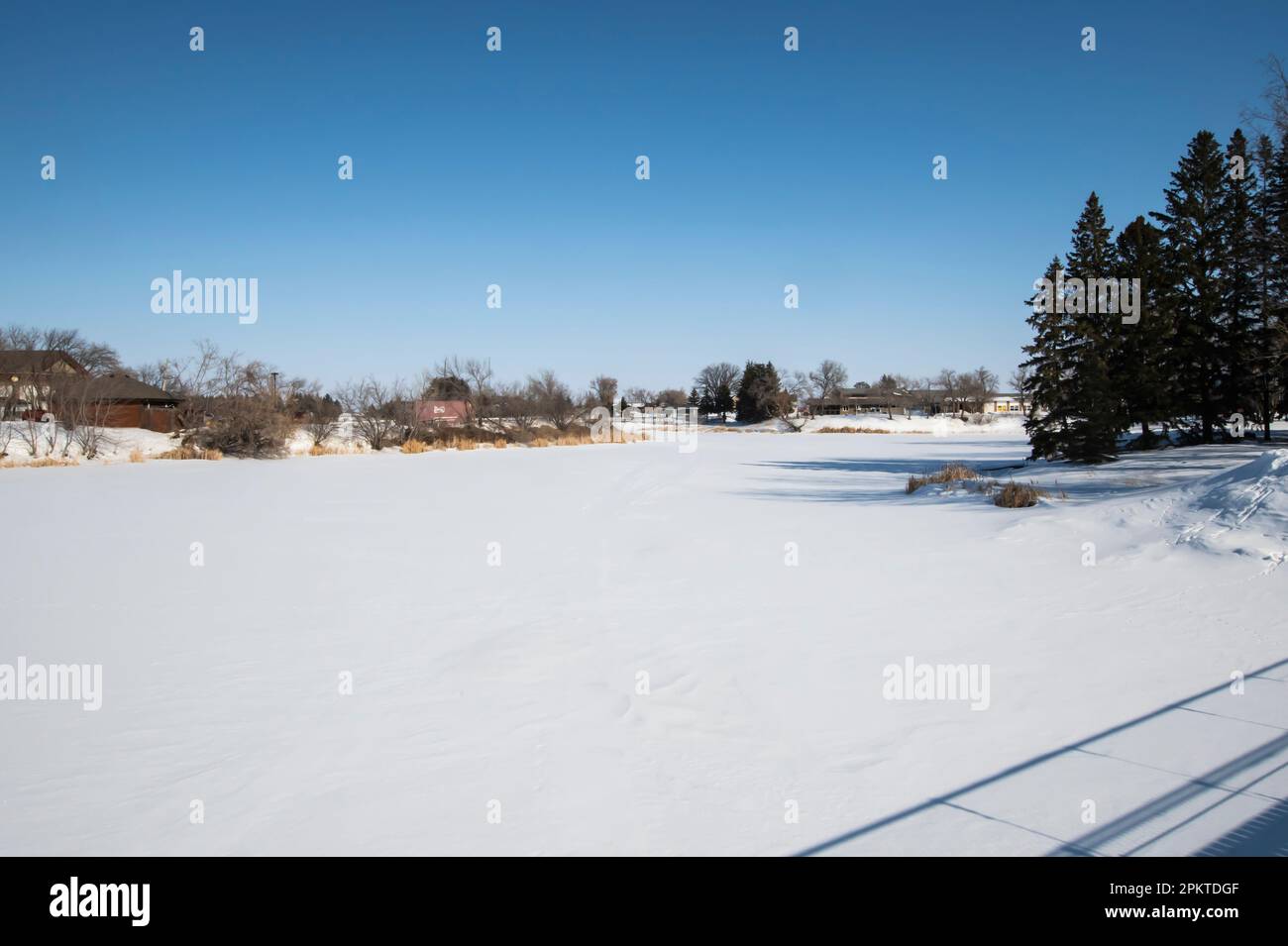 View of the lake from the swinging bridge in Wolseley, Saskatchewan, Canada Stock Photo