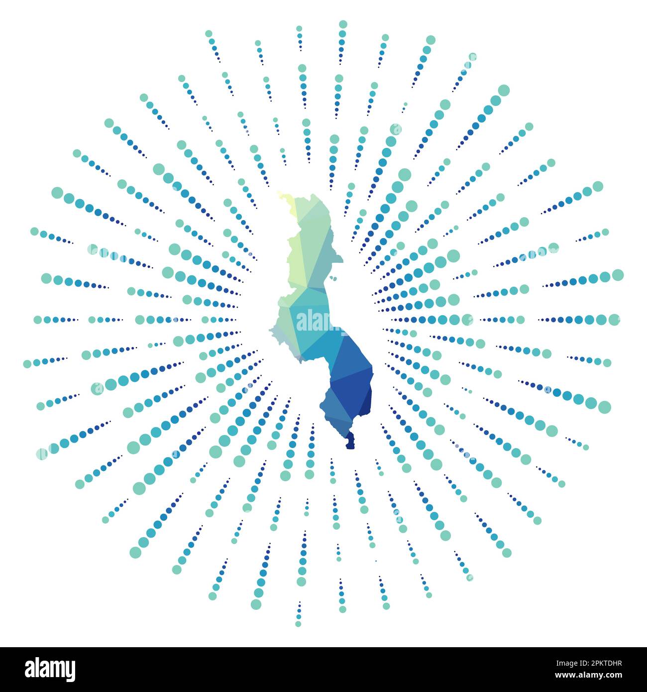 Shape of Malawi, polygonal sunburst. Map of the country with colorful ...