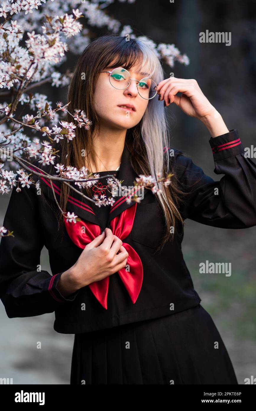 hispanic lolita with japanese school cosplay uniform witth beautiful