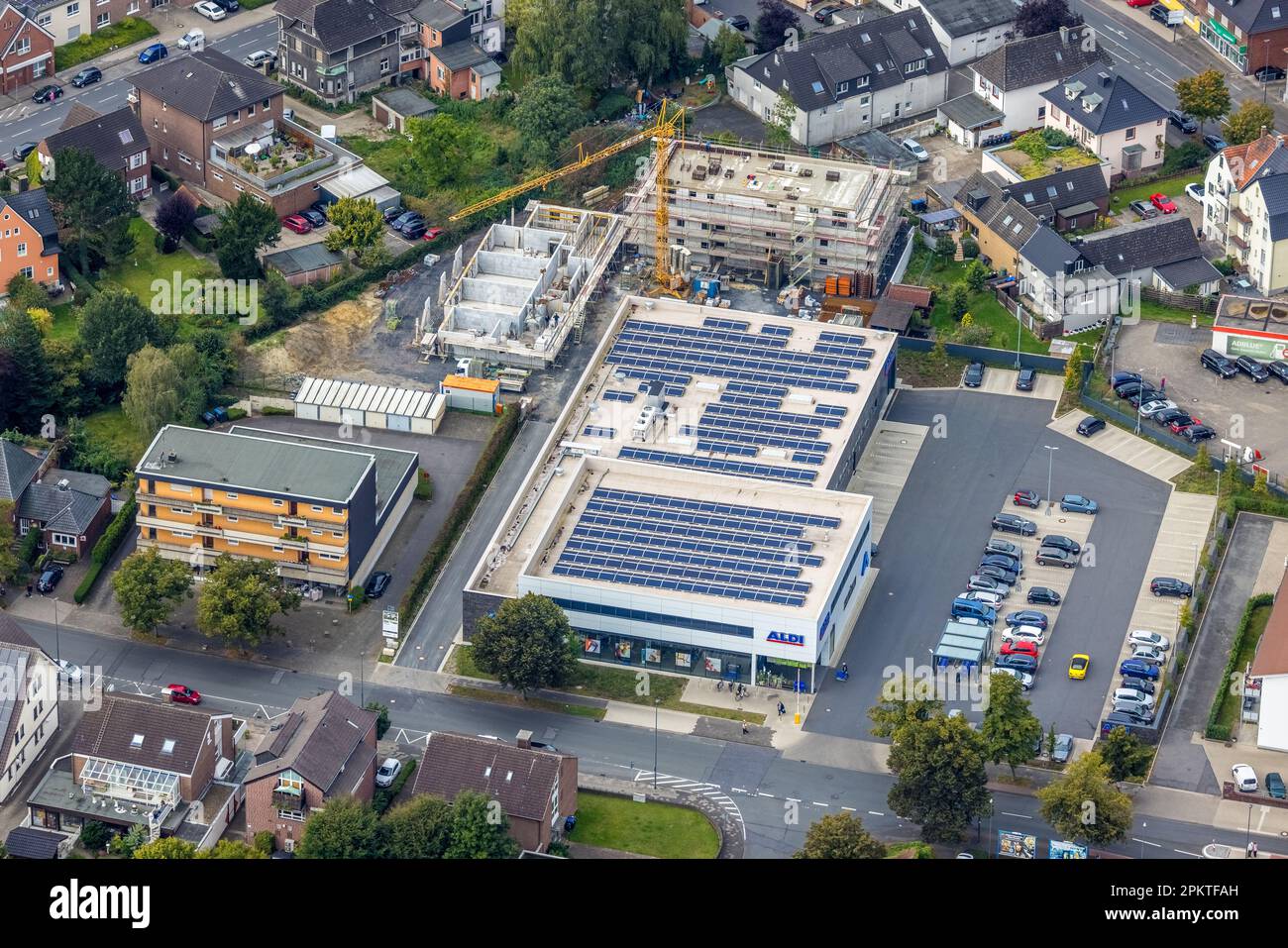 Aerial view, construction site and new building apartments at the