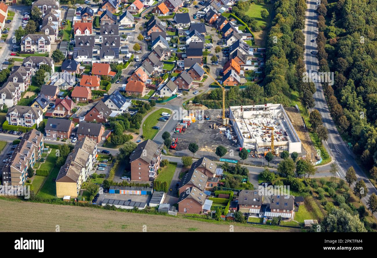 Aerial view, construction site with new building Aldi supermarket Am
