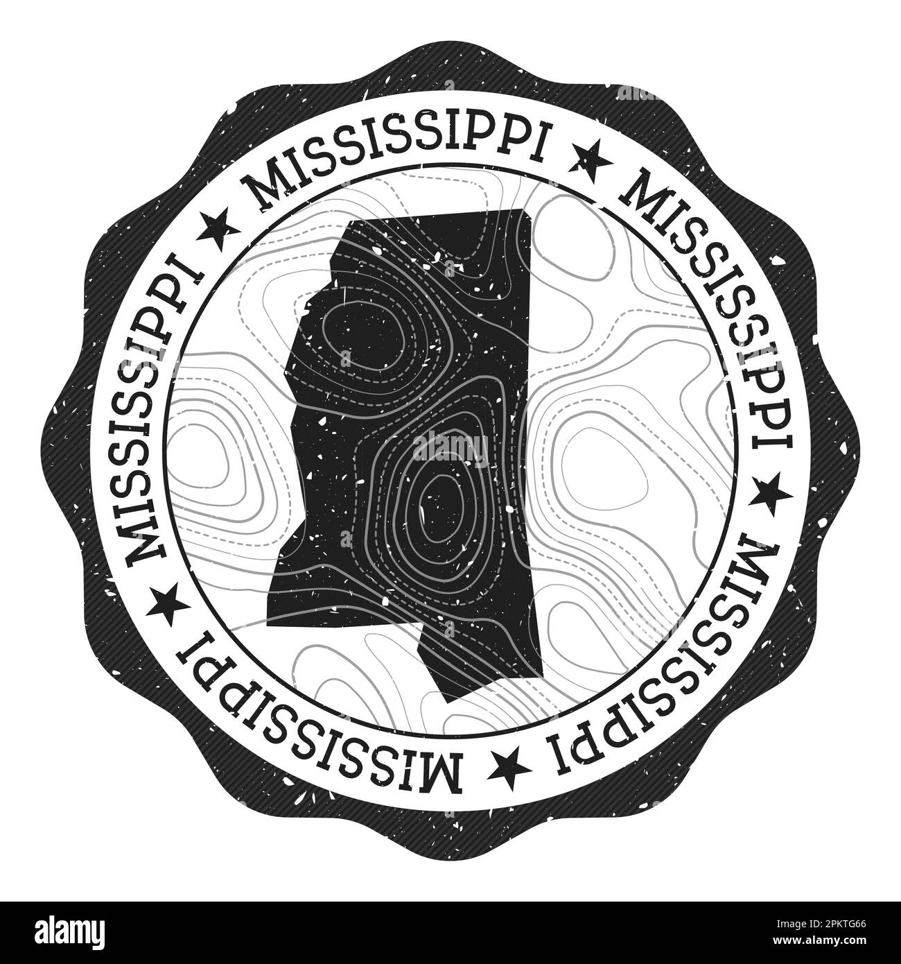 Mississippi outdoor stamp. Round sticker with map of us state with topographic isolines. Vector illustration. Can be used as insignia, logotype, label Stock Vector