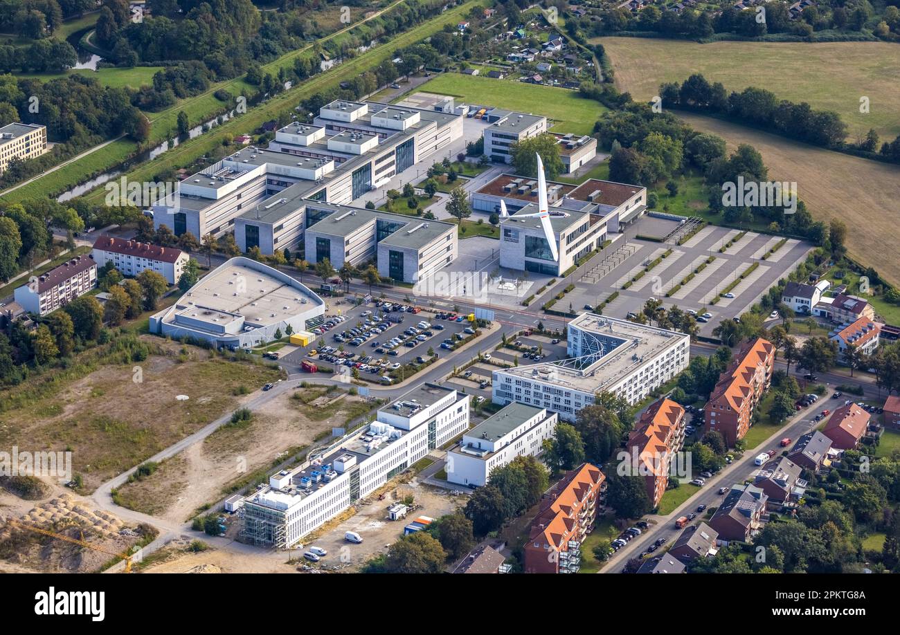 Aerial view, Hamm-Lippstadt University of Applied Sciences and the construction site at the SCI:Q Science Quarter with the Duo Discus high performance Stock Photo
