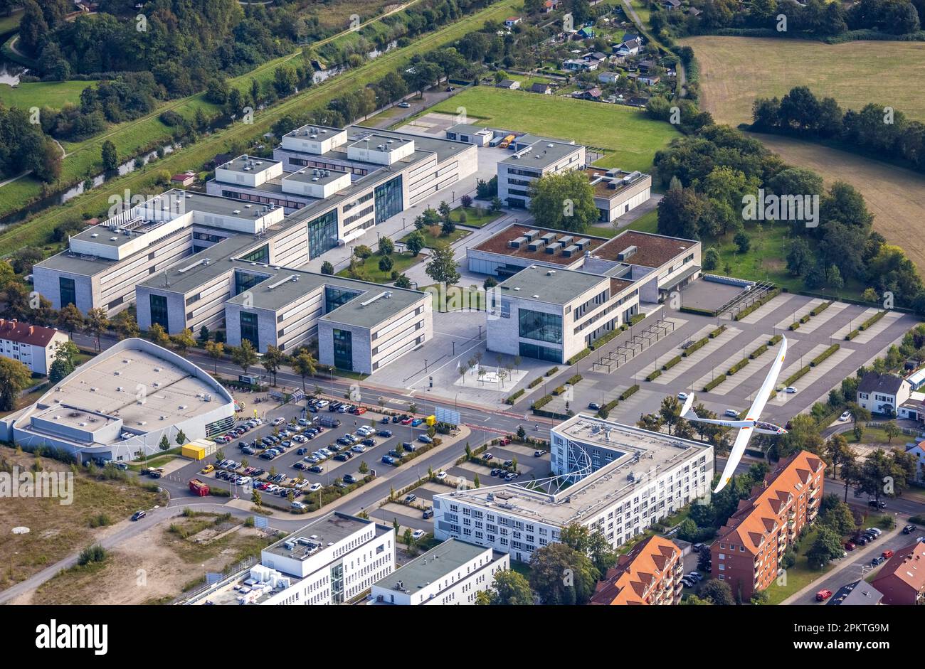 Aerial view, Hamm-Lippstadt University of Applied Sciences and the construction site at the SCI:Q Science Quarter with the Duo Discus high performance Stock Photo