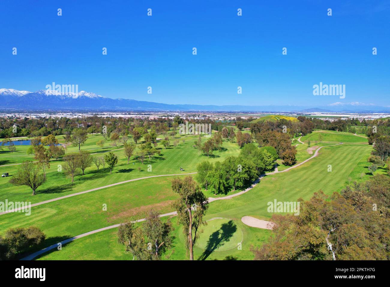 Aerial view of lush green grass and trees, with a backdrop of mountains ...