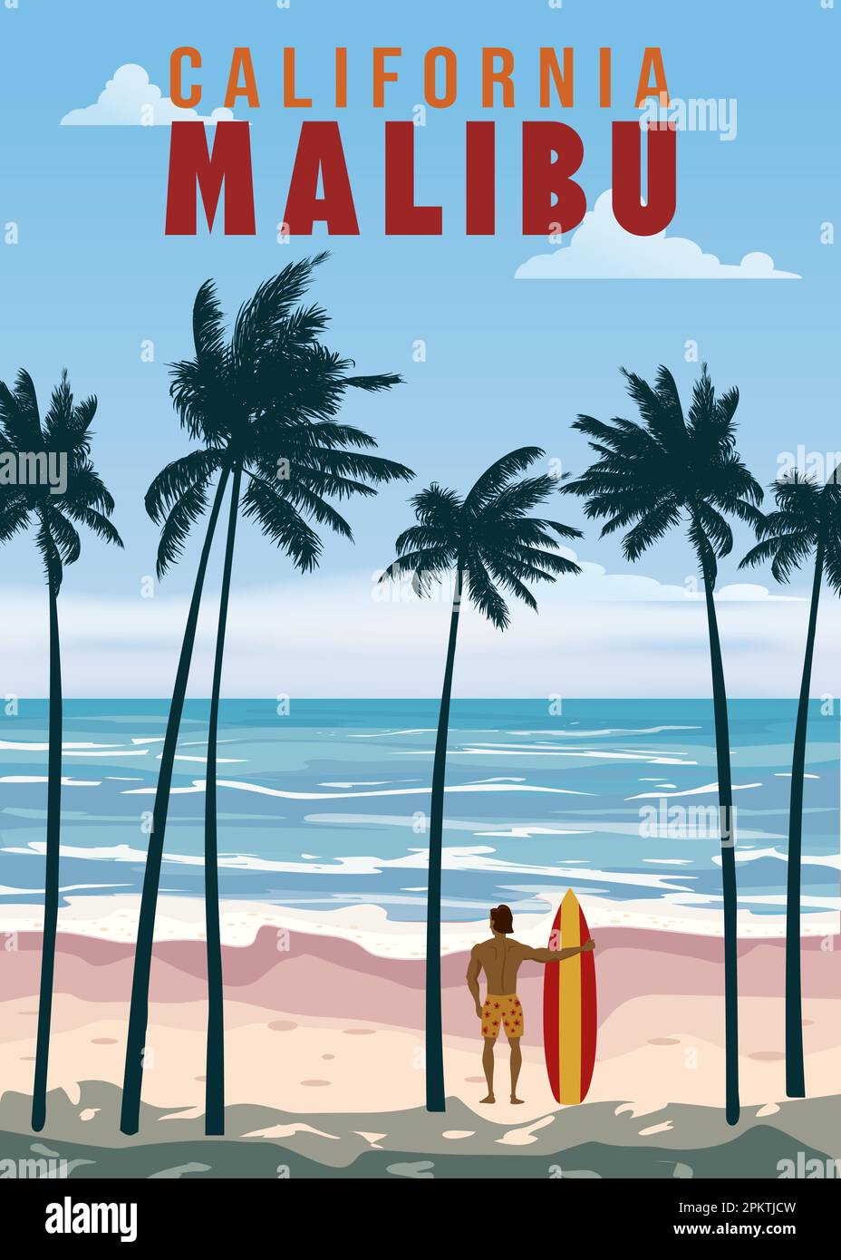 California Malibu Beach retro travel poster vector Stock Vector Image