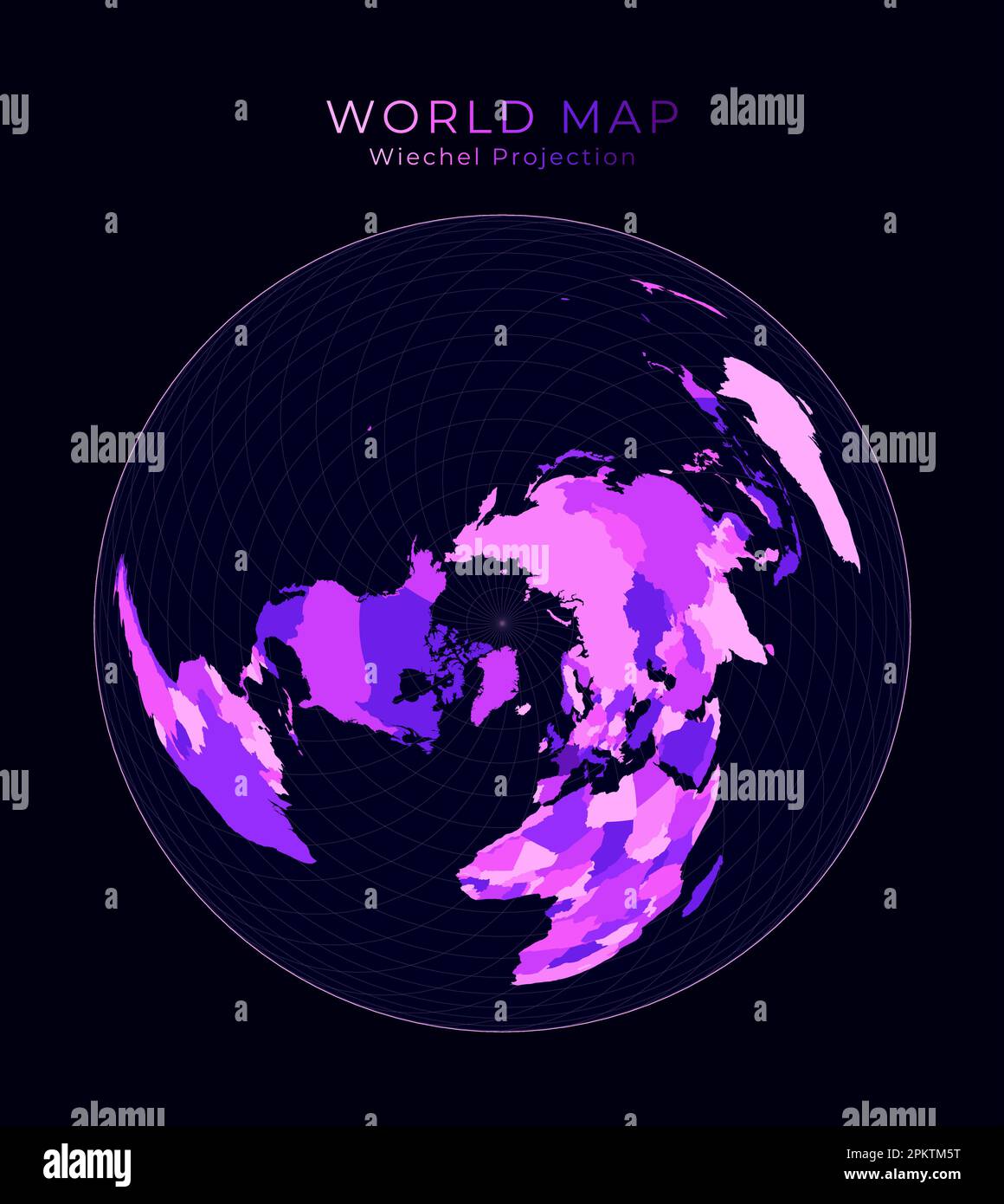 World Map Wiechel Projection Digital World Illustration Bright Pink Neon Colors On Dark 7231