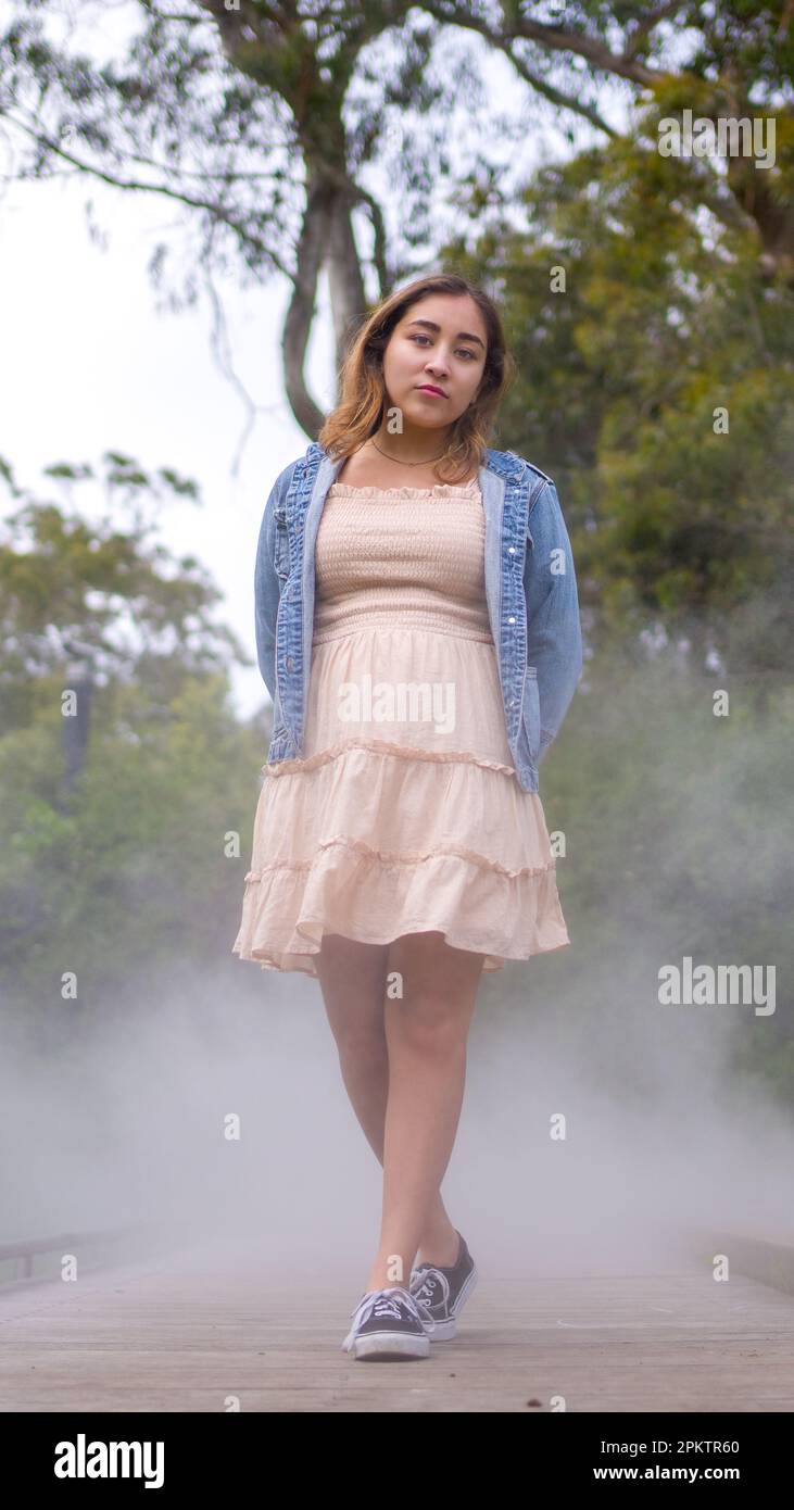 Asian Teen Walking on Misty Walkway | De Young Museum Gardens | Female | Short Dress Denim Jacket Stock Photo