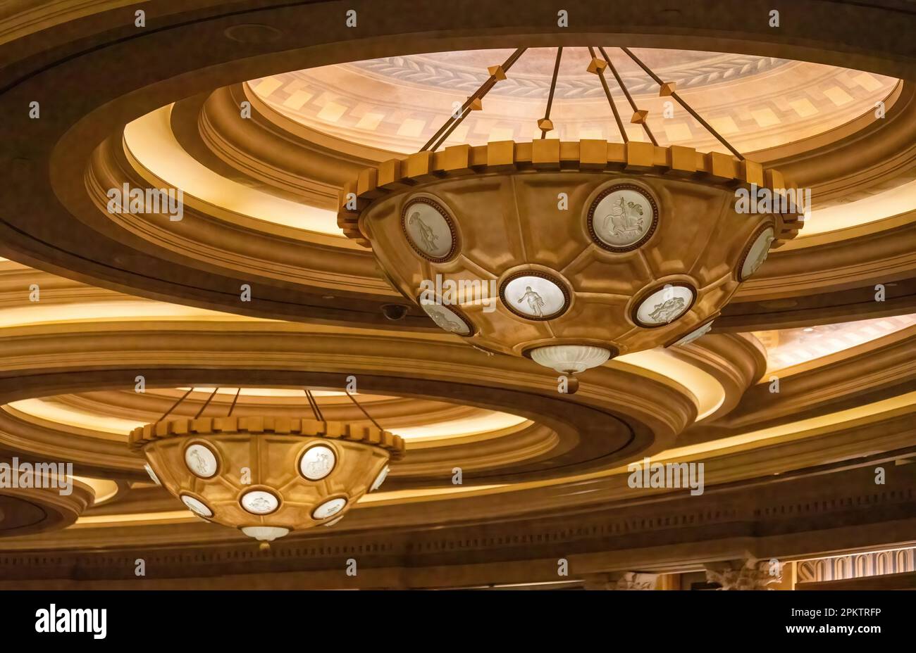 Beautiful, elegant lighting fixtures on the ceiling at Caesars Palace in Las Vegas, Nevada USA. Stock Photo