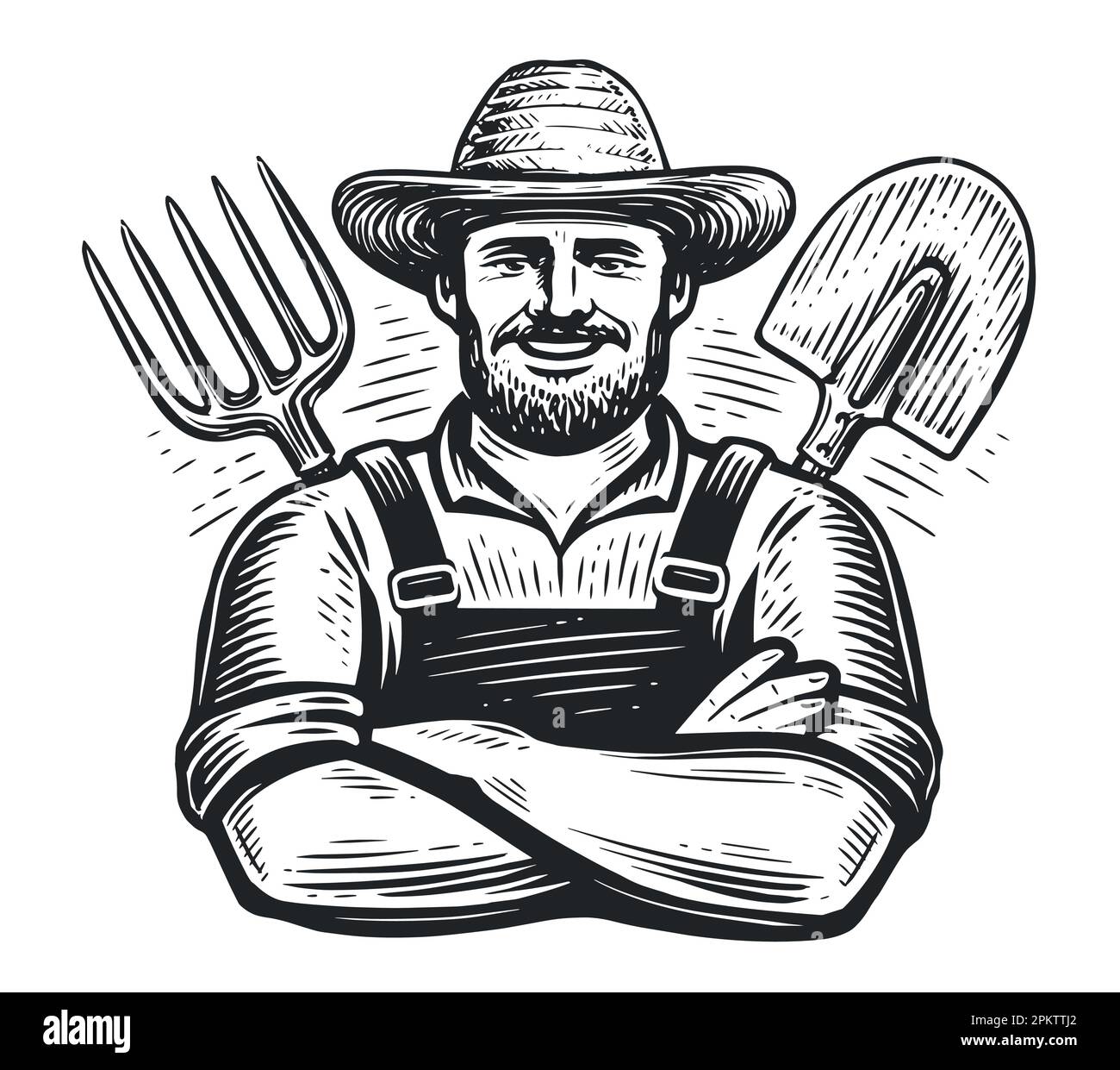 Happy farmer with arms crossed and gardening tools. Farm worker sketch. Hand drawn vintage vector illustration Stock Vector