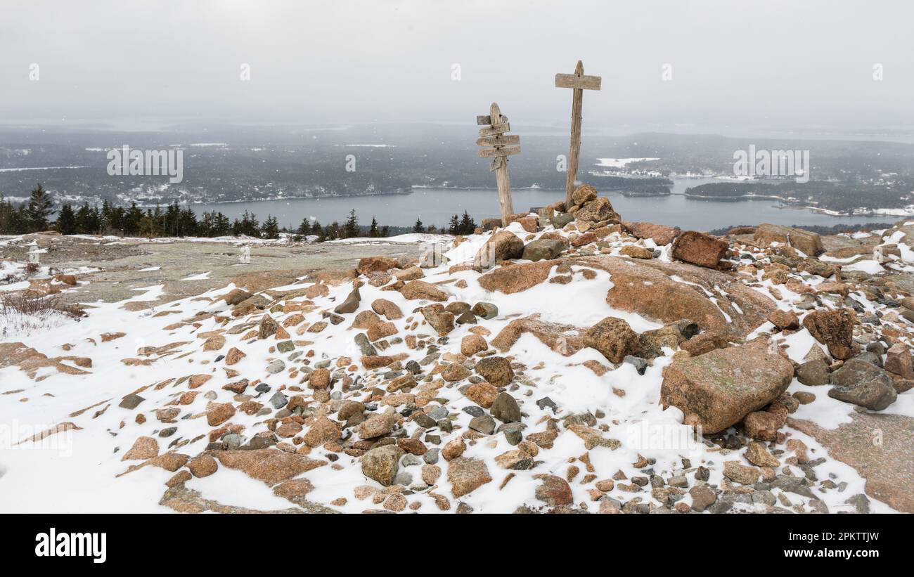 Snow on the summit of Sargent Mountain, Acadia National Park, Maine Stock Photo