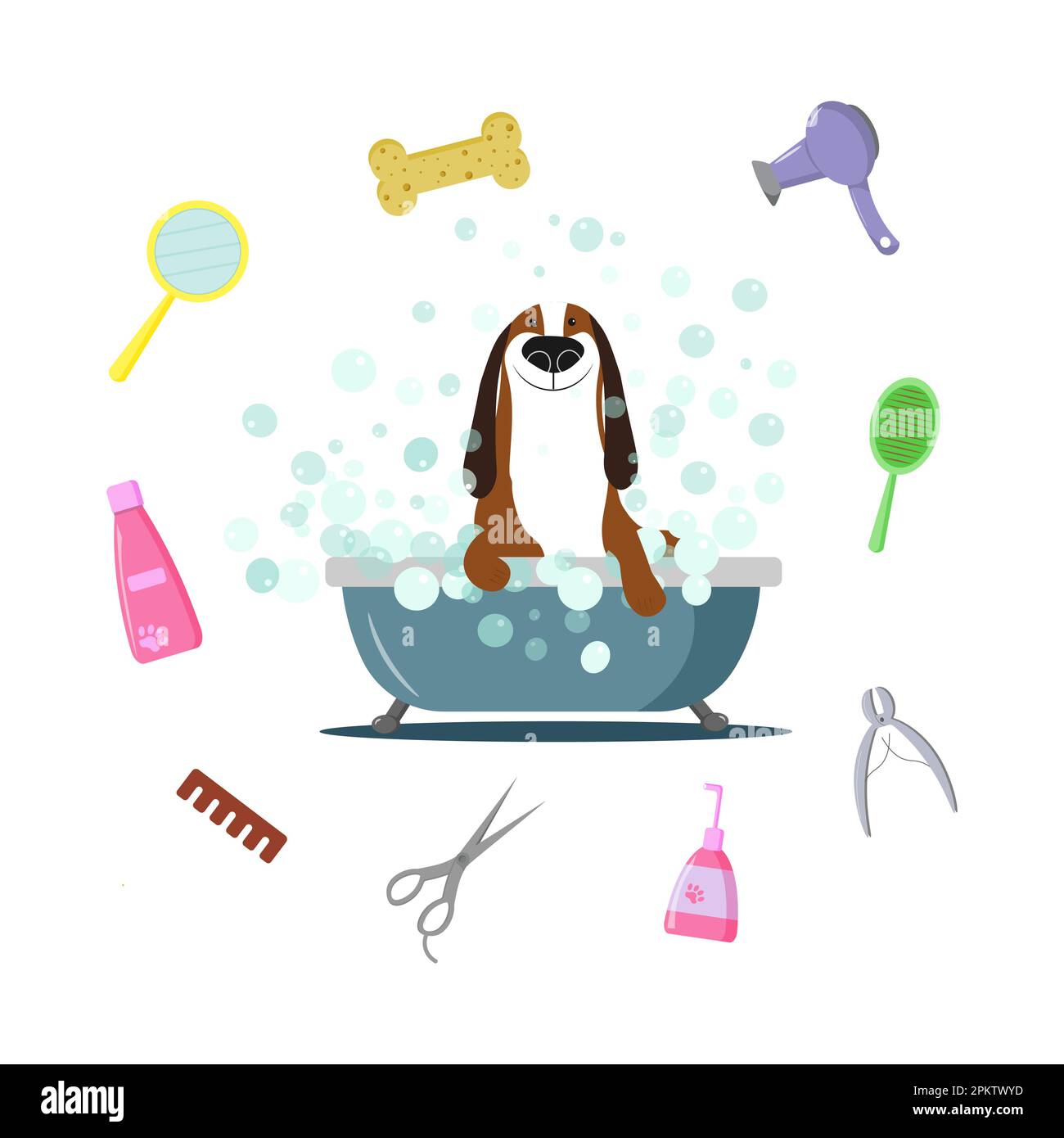 Cartoon dog sits in a bubble bath. The concept of a grooming salon