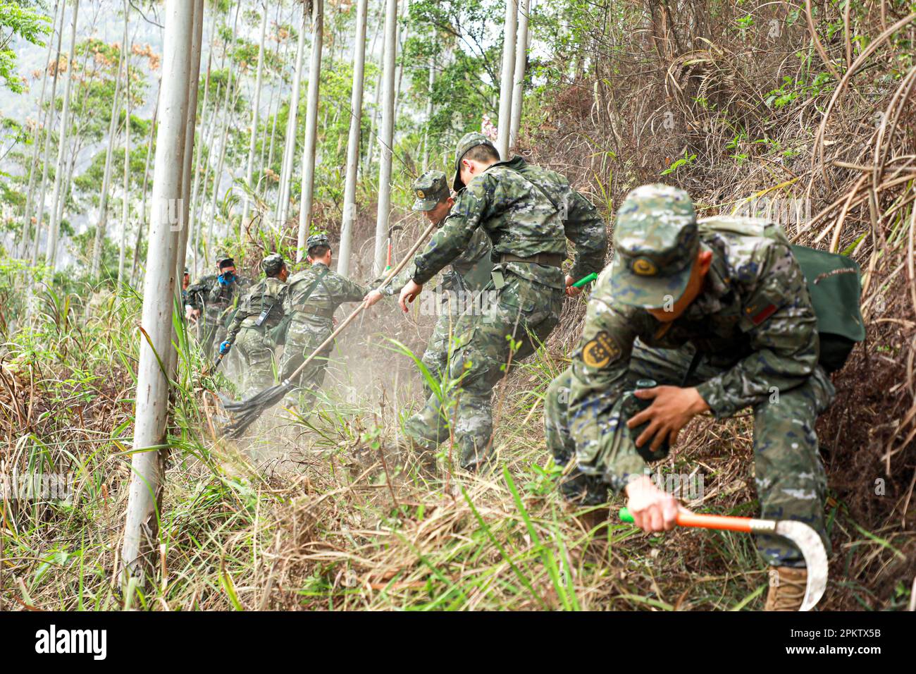 HECHI, CHINA - APRIL 8, 2023 - Armed police officers fight a forest fire at Laohu Mountain in Hechi City, South China's Guangxi Zhuang Autonomous regi Stock Photo